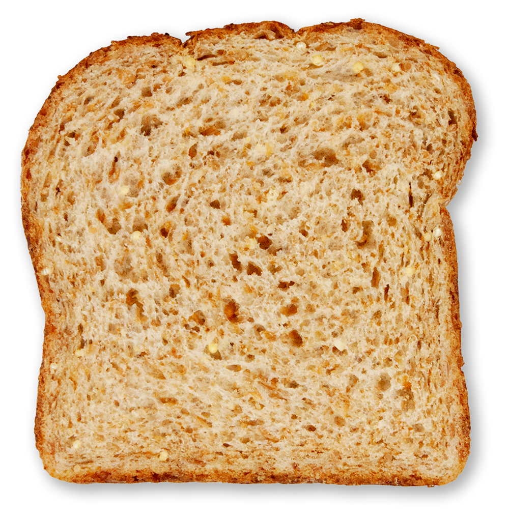 Slice of sprouted whole wheat seeded bread on a white background