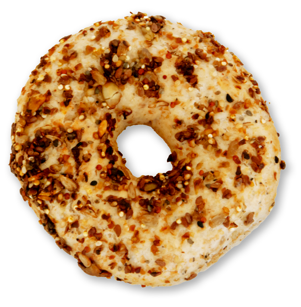 Slice of sprouted whole wheat everything bagel on a white background