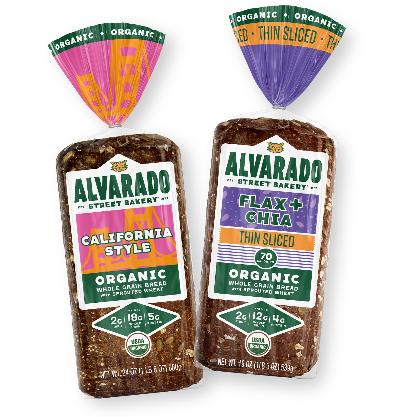 Two packages of Alvarado Street Bakery bread, California Style and Flax & Chia,  with colorful labels on a white background