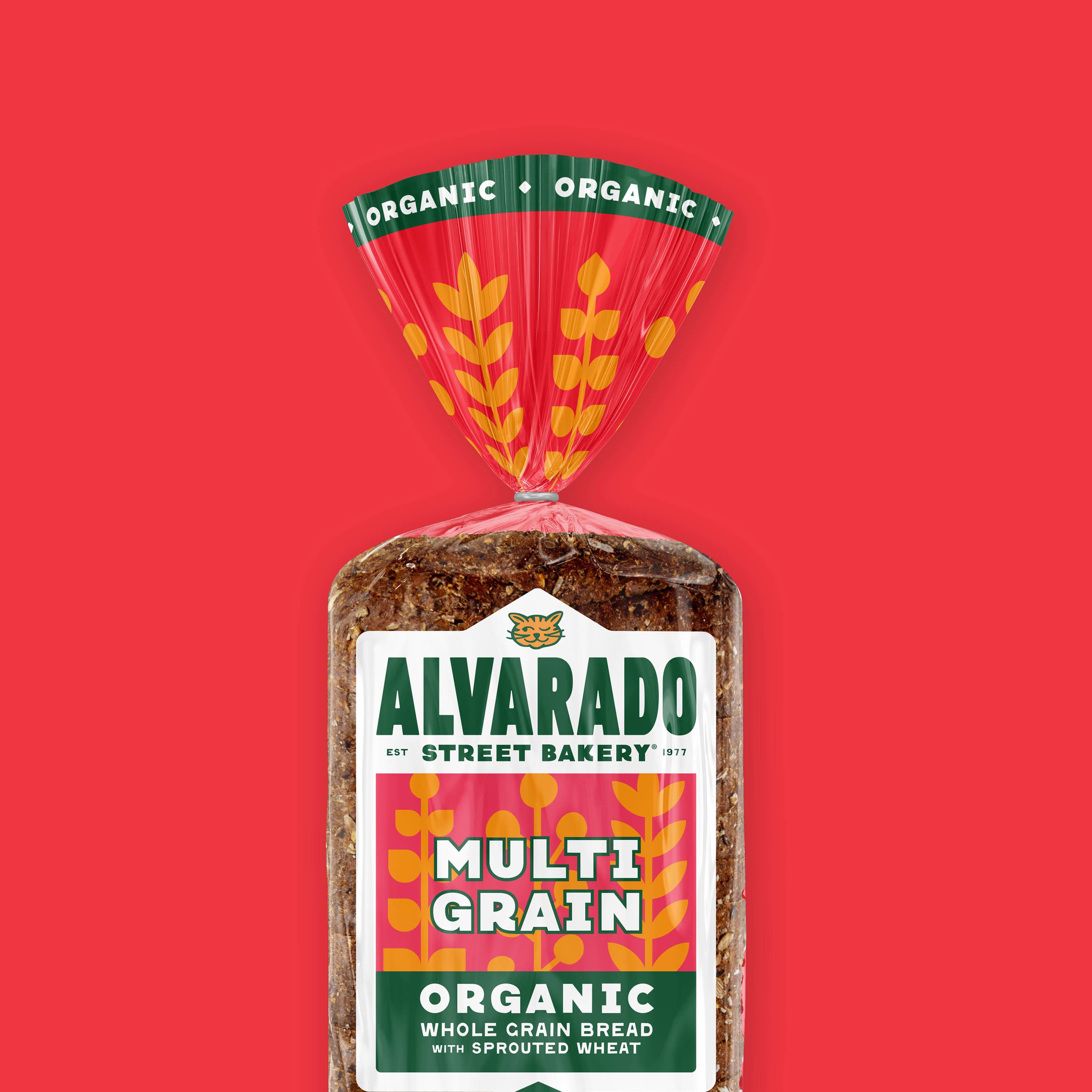 Packaged loaf of Alvarado Street Bakery Multi Grain Organic Whole Grain Bread on a red background