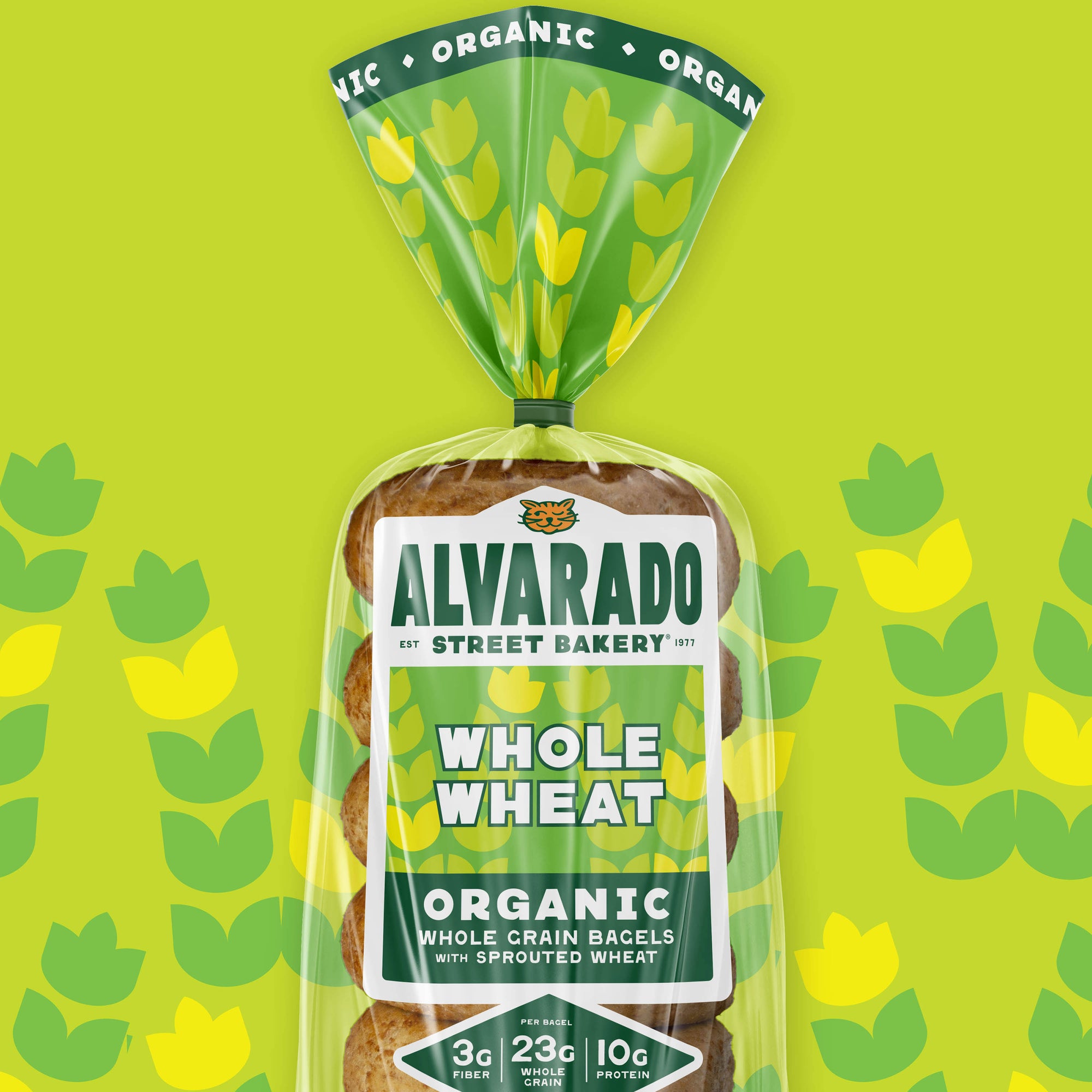 Packaged bagels with Alvarado Street Bakery branding on a green background with wheat pattern shapes.