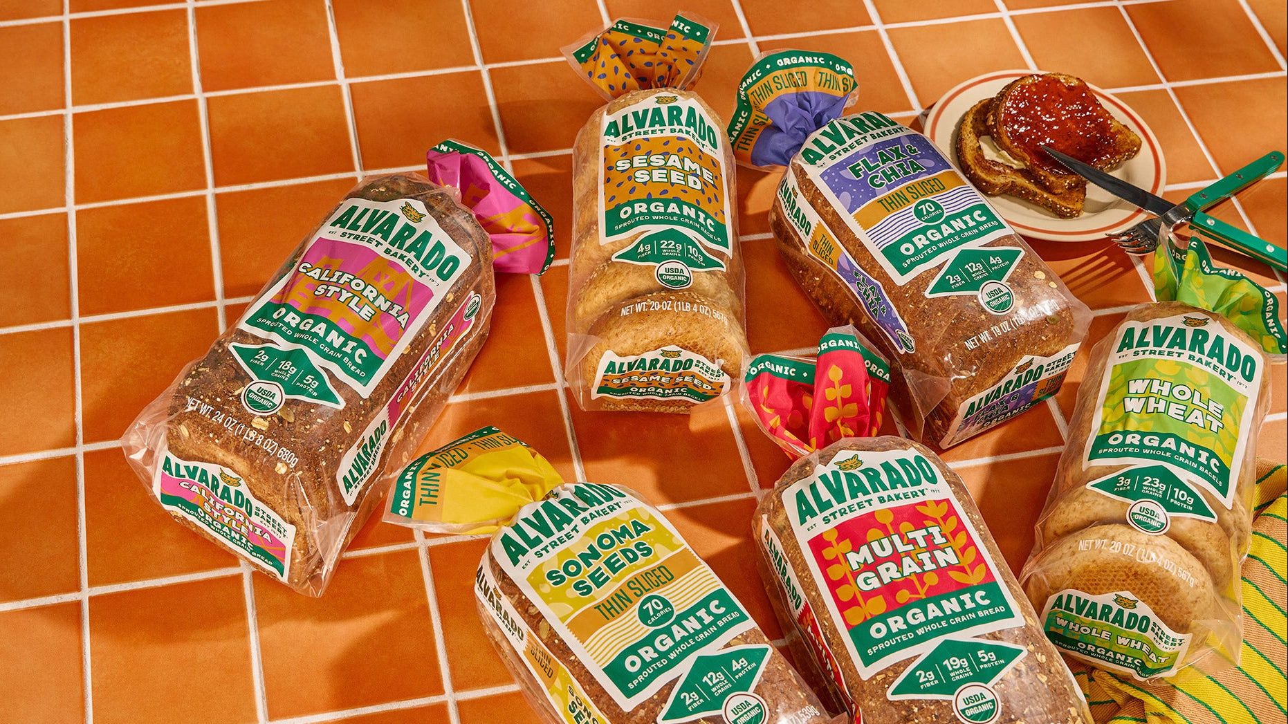 Alvarado Street Organic bread packages on a tiled surface